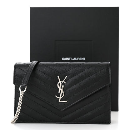 Saint Laurent Grain De Poudre Matelasse Chevron Monogram Envelope Chain Wallet Black 11 of 11