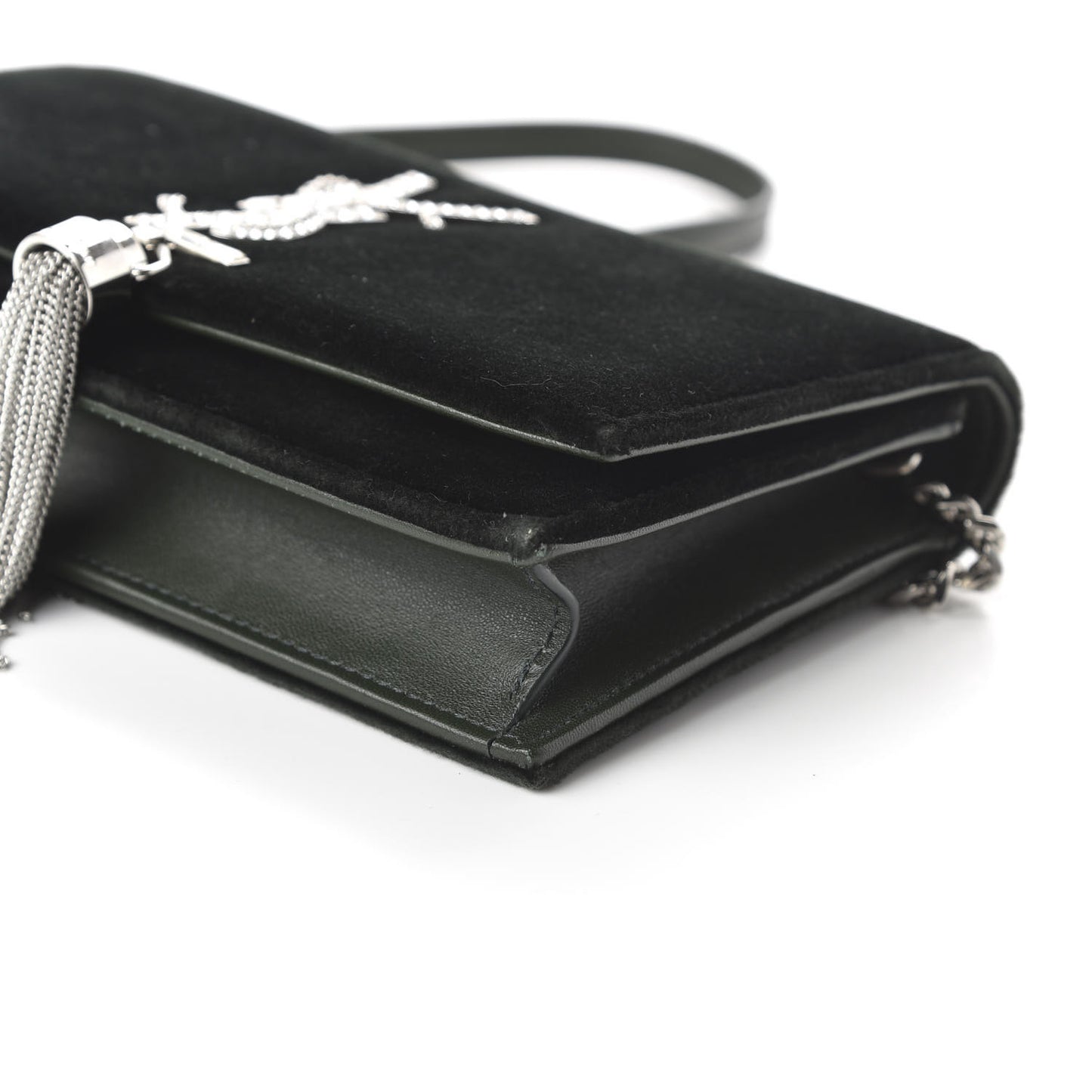 Velvet Crystal Monogram Kate Tassel Chain Wallet Green
