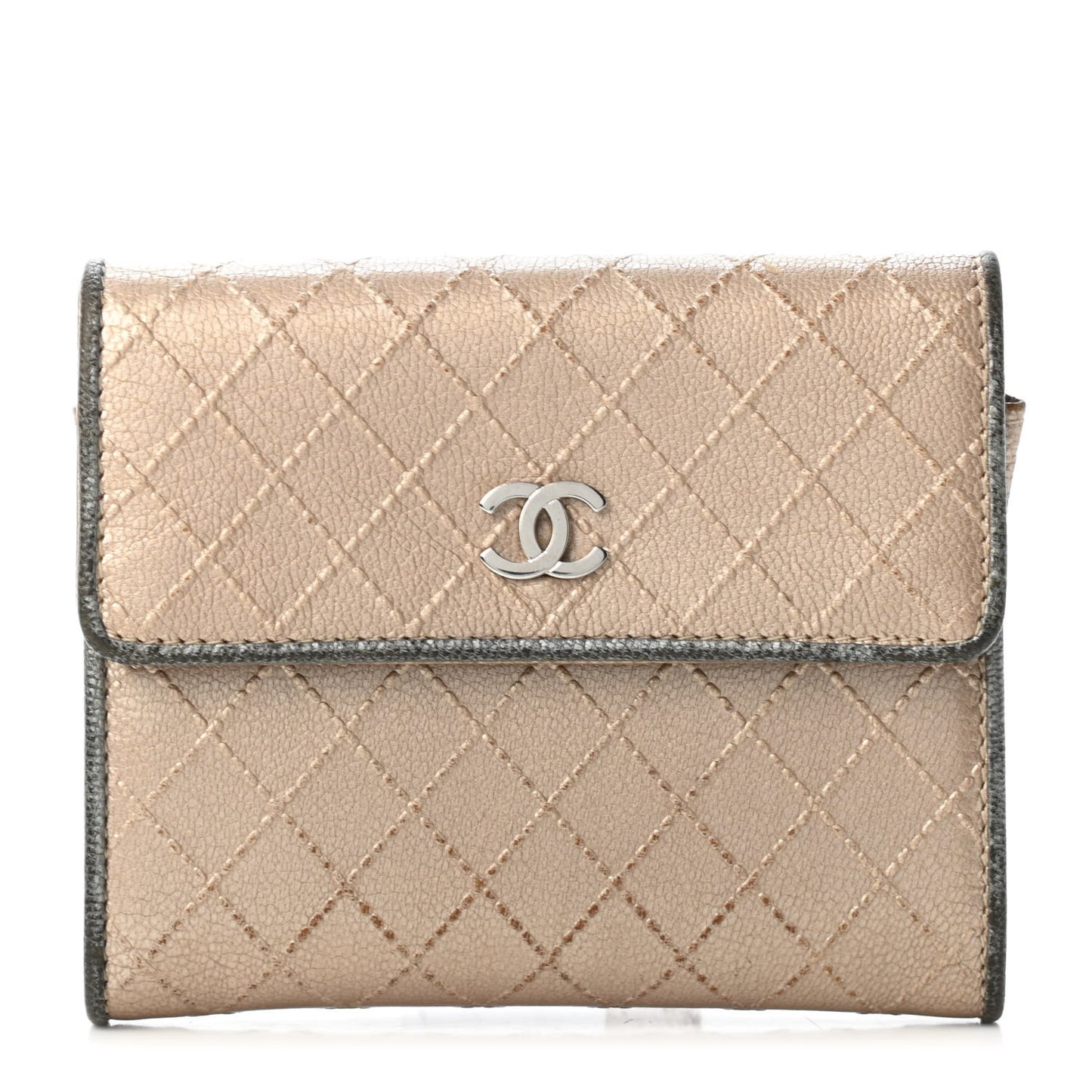Metallic Calfskin Diamond Stitched Flap Card Holder Gold