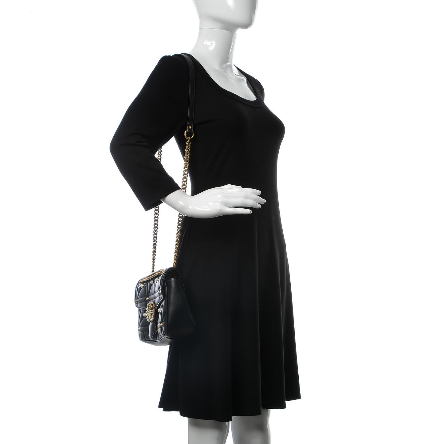 Calfskin Matelasse Studded Small Pearly GG Marmont Shoulder Bag Black