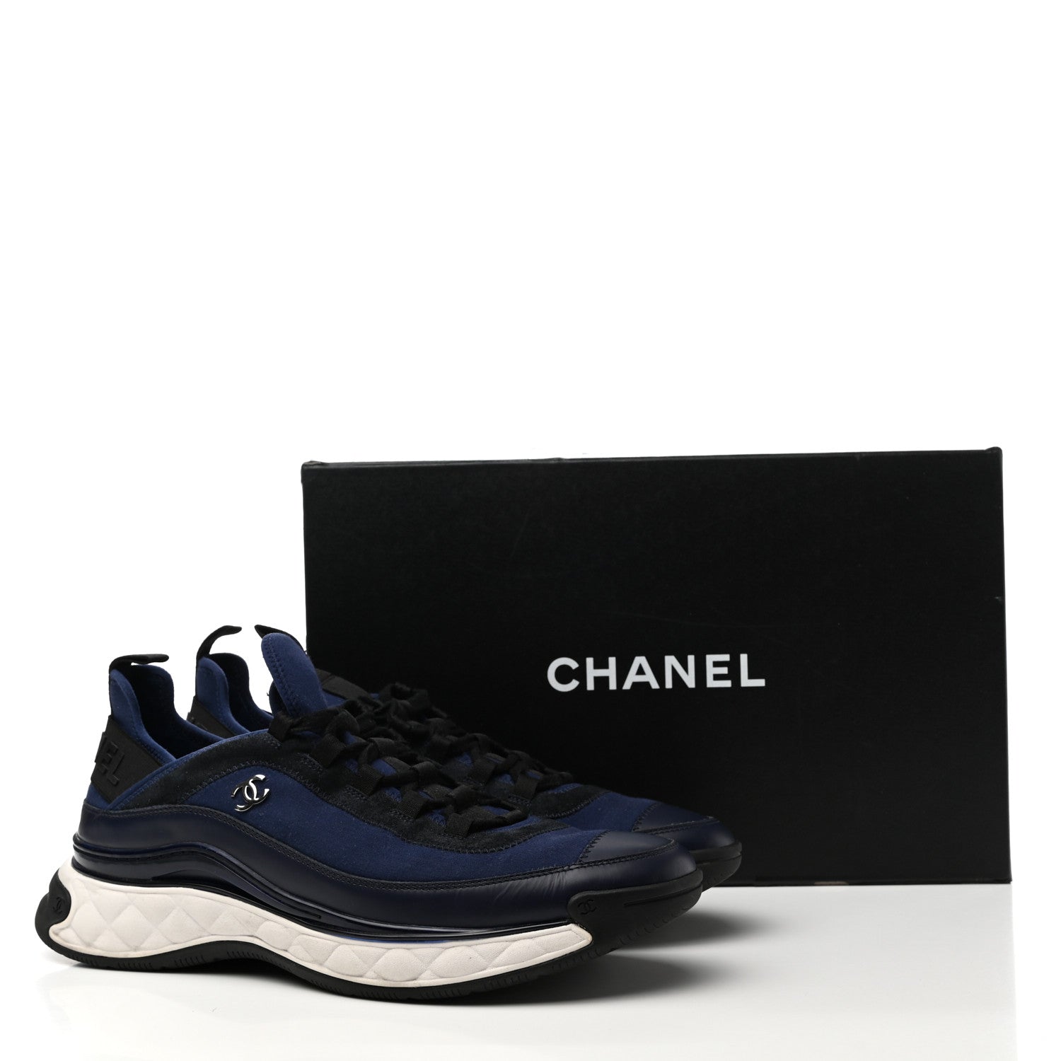 Chanel Velvet Calfskin Mixed Fibers Mens CC Sneakers 45 Blue Black 9 of 9