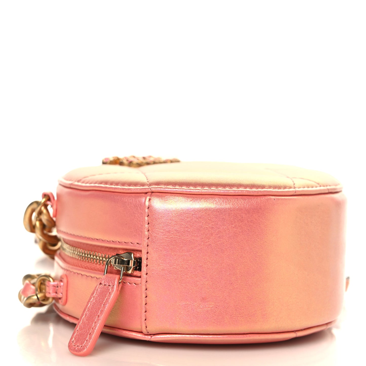 Iridescent Calfskin Quilted Chanel 19 Round Clutch With Chain Pink
