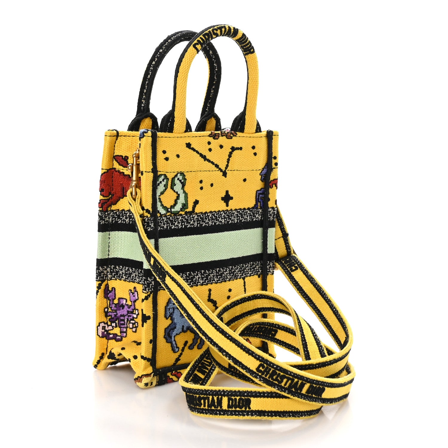 Christian Dior Canvas Embroidered Pixel Zodiac Mini Book Tote Phone Bag Jaune Multicolor 3 of 10