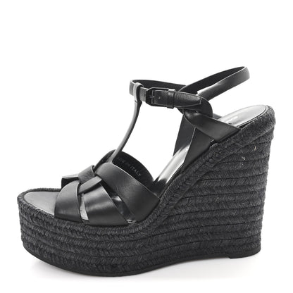 Saint Laurent Calfskin Tribute 95 Platform Espadrille Wedge Sandals 37 Black 1 of 9