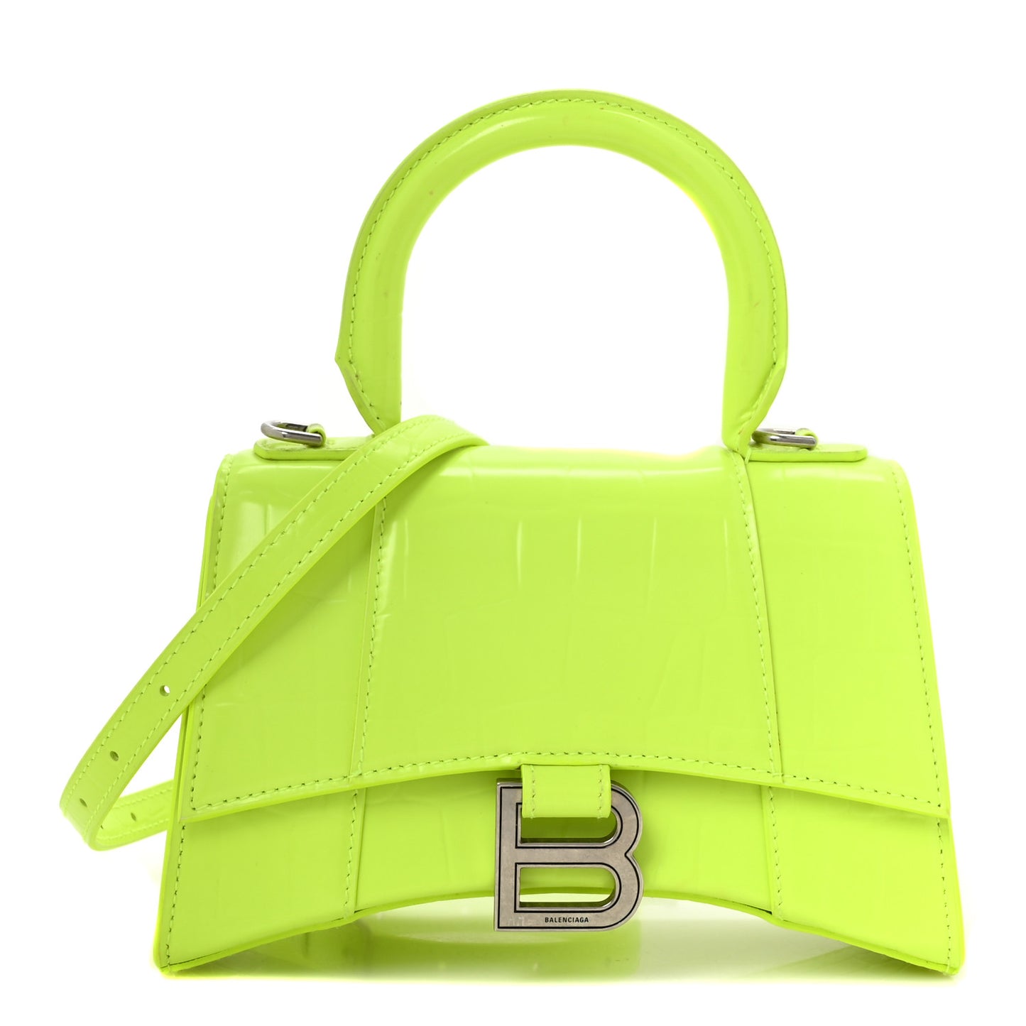 Shiny Calfskin Crocodile Embossed Hourglass Top Handle Bag XS Fluo Yellow