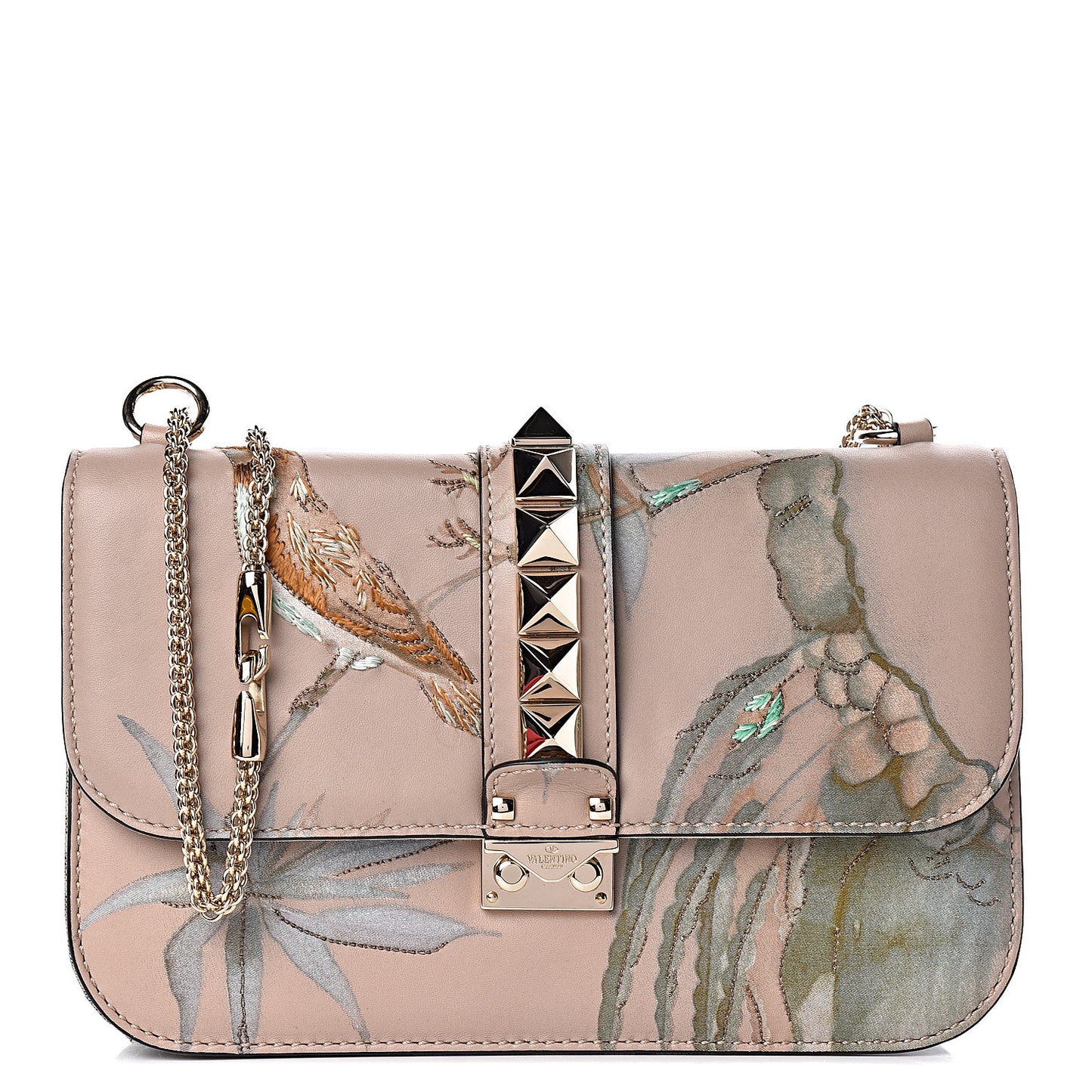 Vitello Embroidered Medium Glam Lock Rockstud Flap Beige