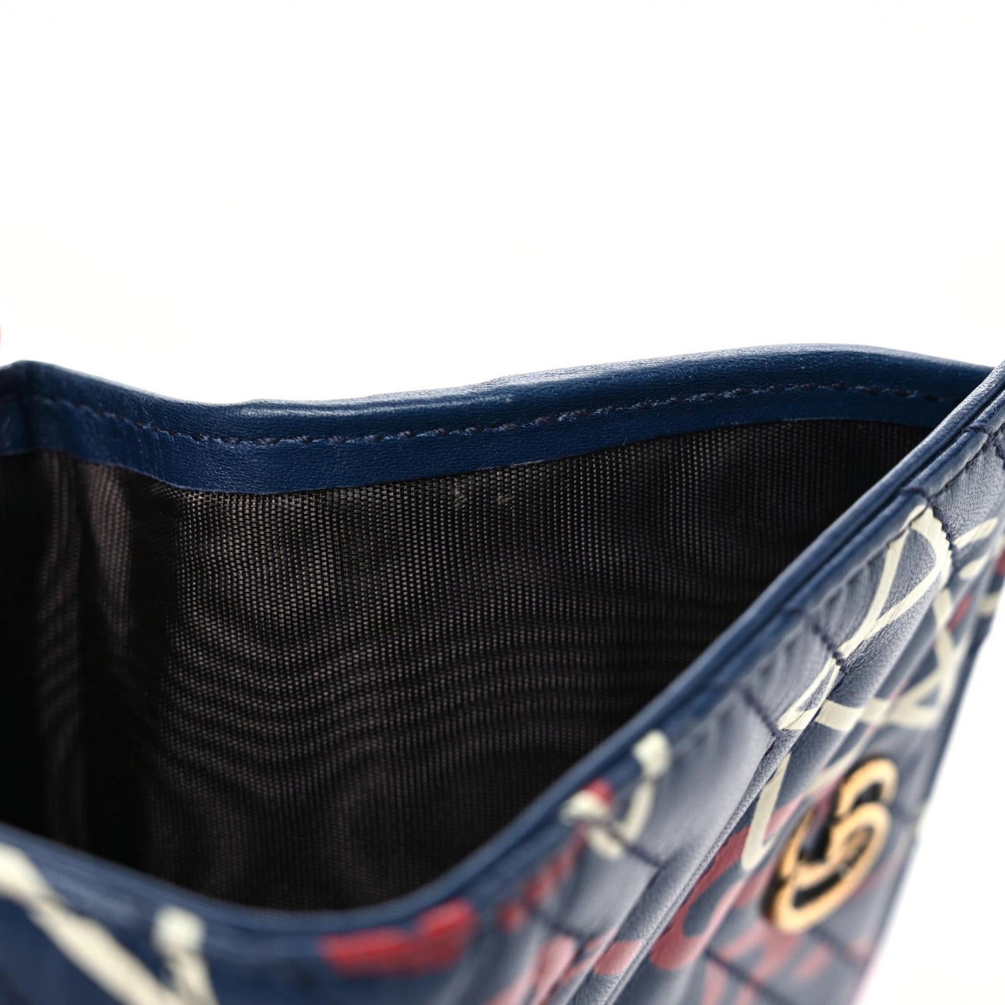 Calfskin Matelasse GucciGhost GG Marmont Card Case Blue Agata Hibiscus Red