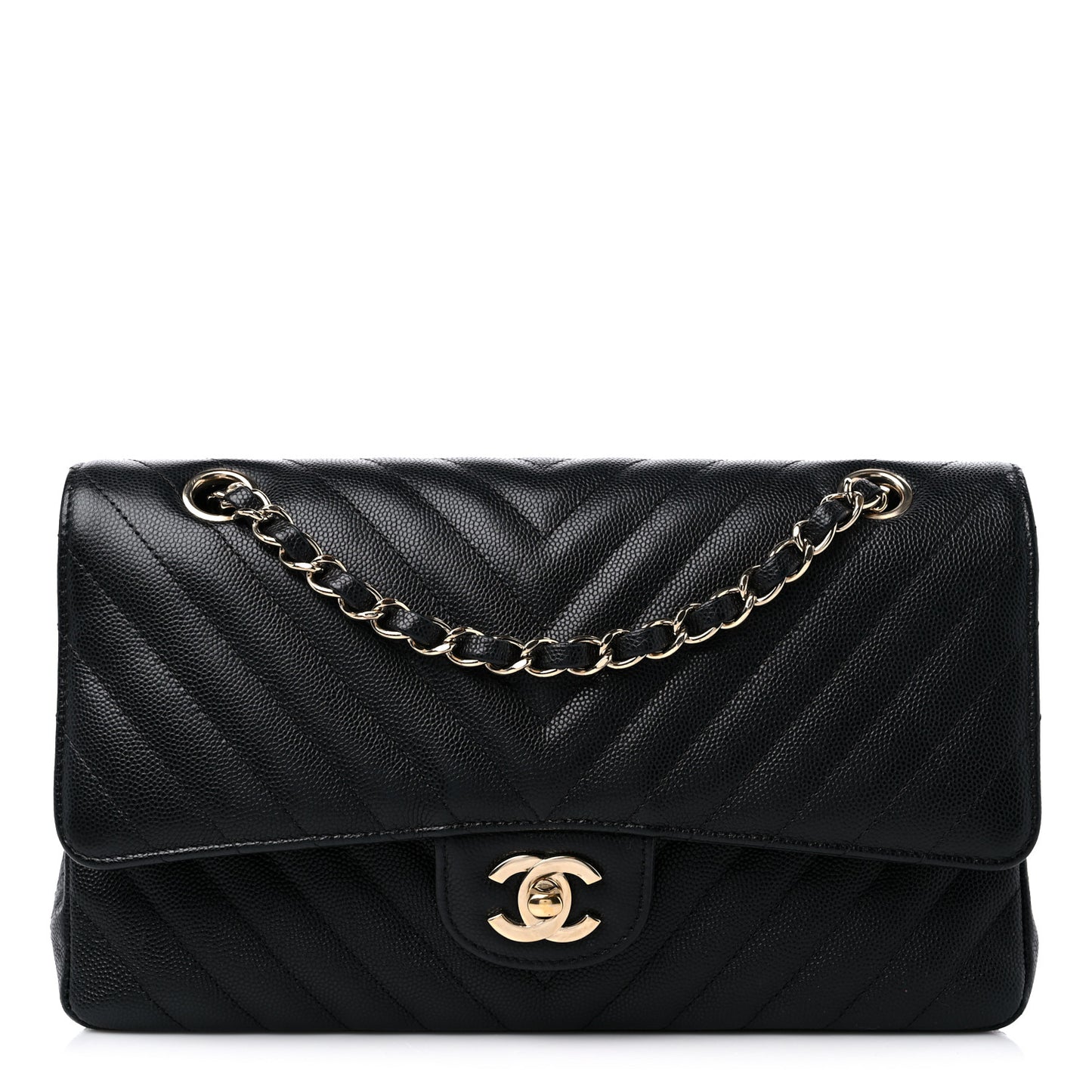 Caviar Chevron Quilted Medium Double Flap Black