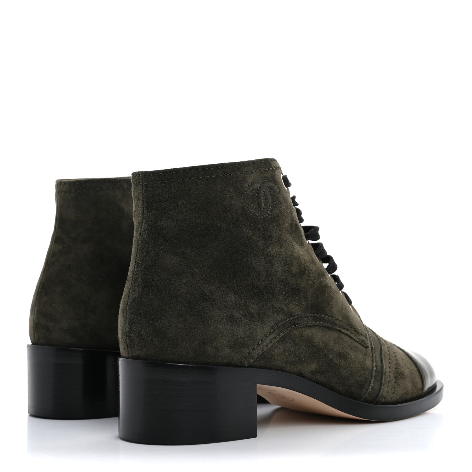 Chanel Suede Patent Cap Toe CC Boots 35.5 Khaki 5 of 10
