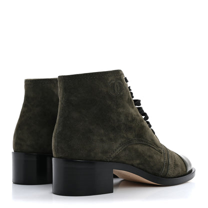 Chanel Suede Patent Cap Toe CC Boots 35.5 Khaki 5 of 10