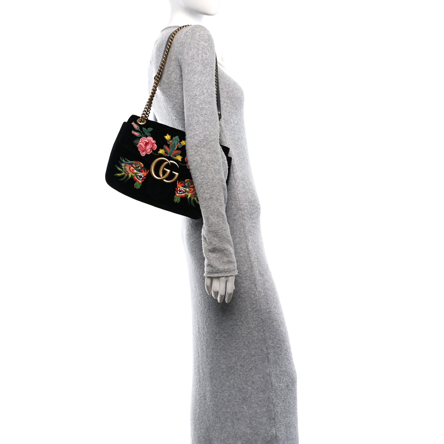 Velvet Matelasse Dragon Embroidered Medium GG Marmont Shoulder Bag Black