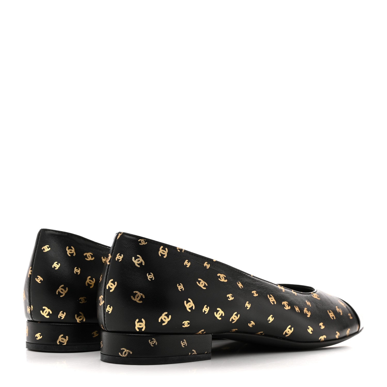 Chanel Lambskin Patent Calfskin Printed CC Cap Toe Ballerina Flats 38.5 Black Gold 5 of 10
