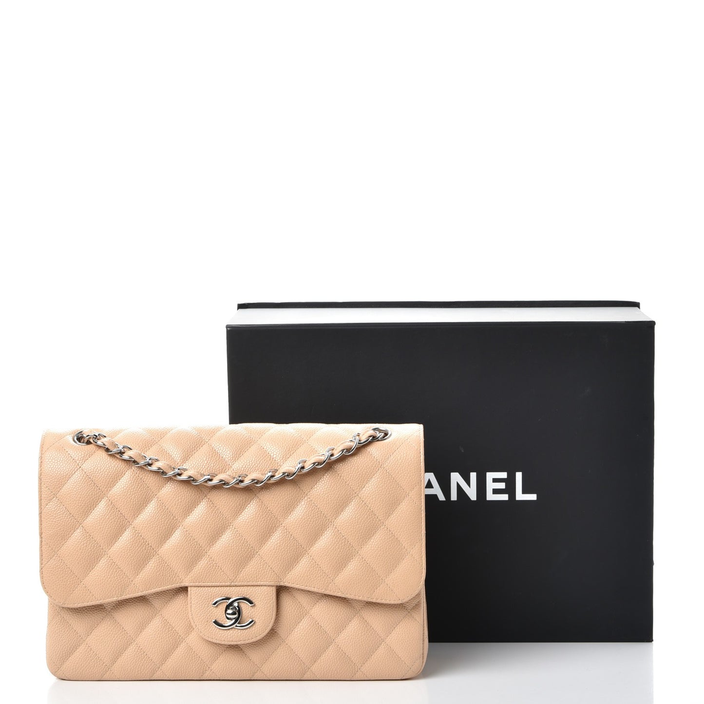 Caviar Quilted Jumbo Double Flap Beige Clair