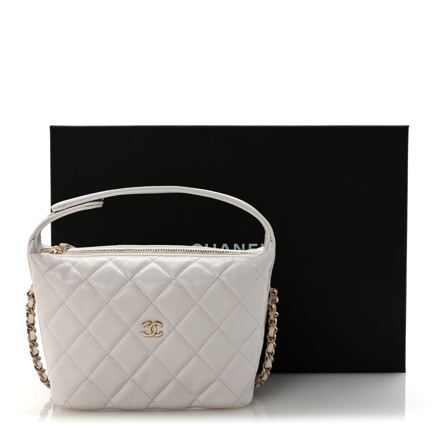 Caviar Quilted Hobo Clutch With Chain White