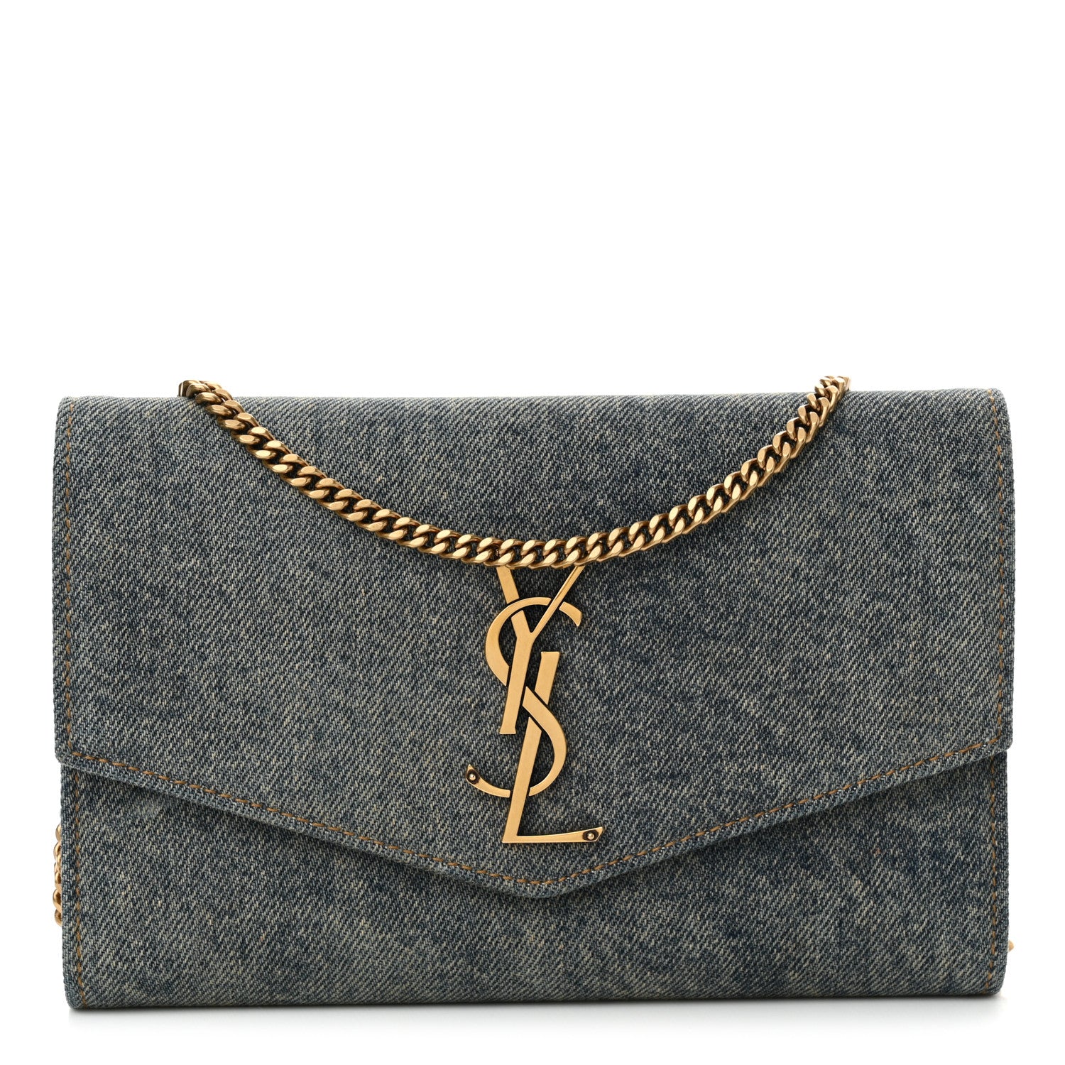 Saint Laurent Denim Monogram Chain Wallet Rodeo Blue Cinnamon 1 of 15