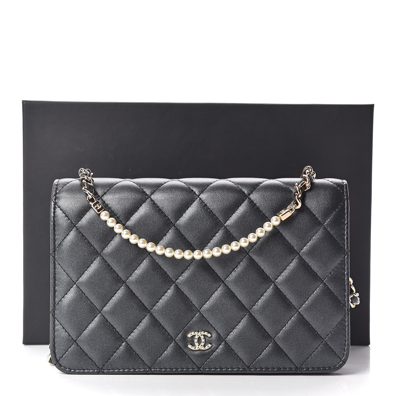 Chanel Iridescent Lambskin Quilted Pearl Wallet On Chain WOC Black 13 of 13