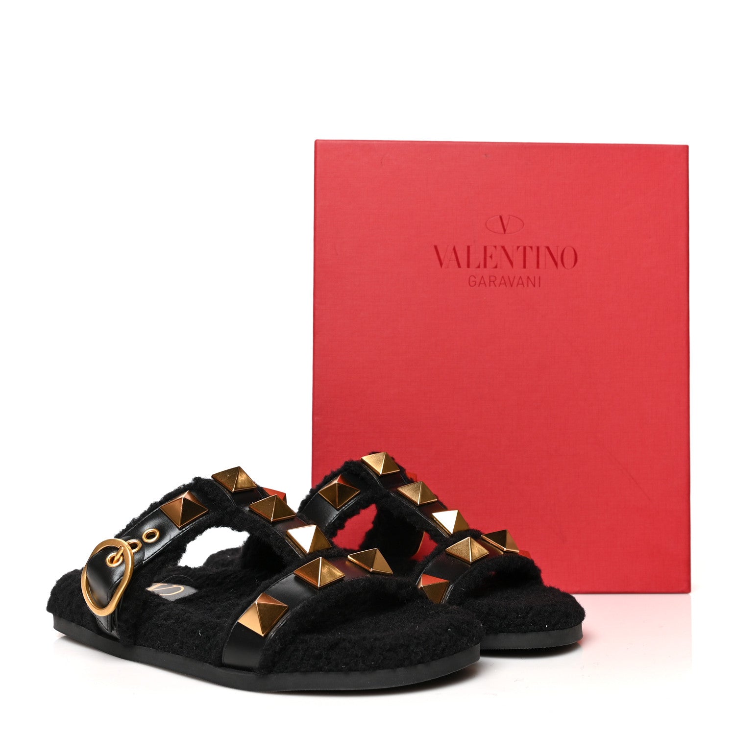 Valentino Garavani Shearling Roman Stud 5mm Slide Sandals 37 Black 8 of 8
