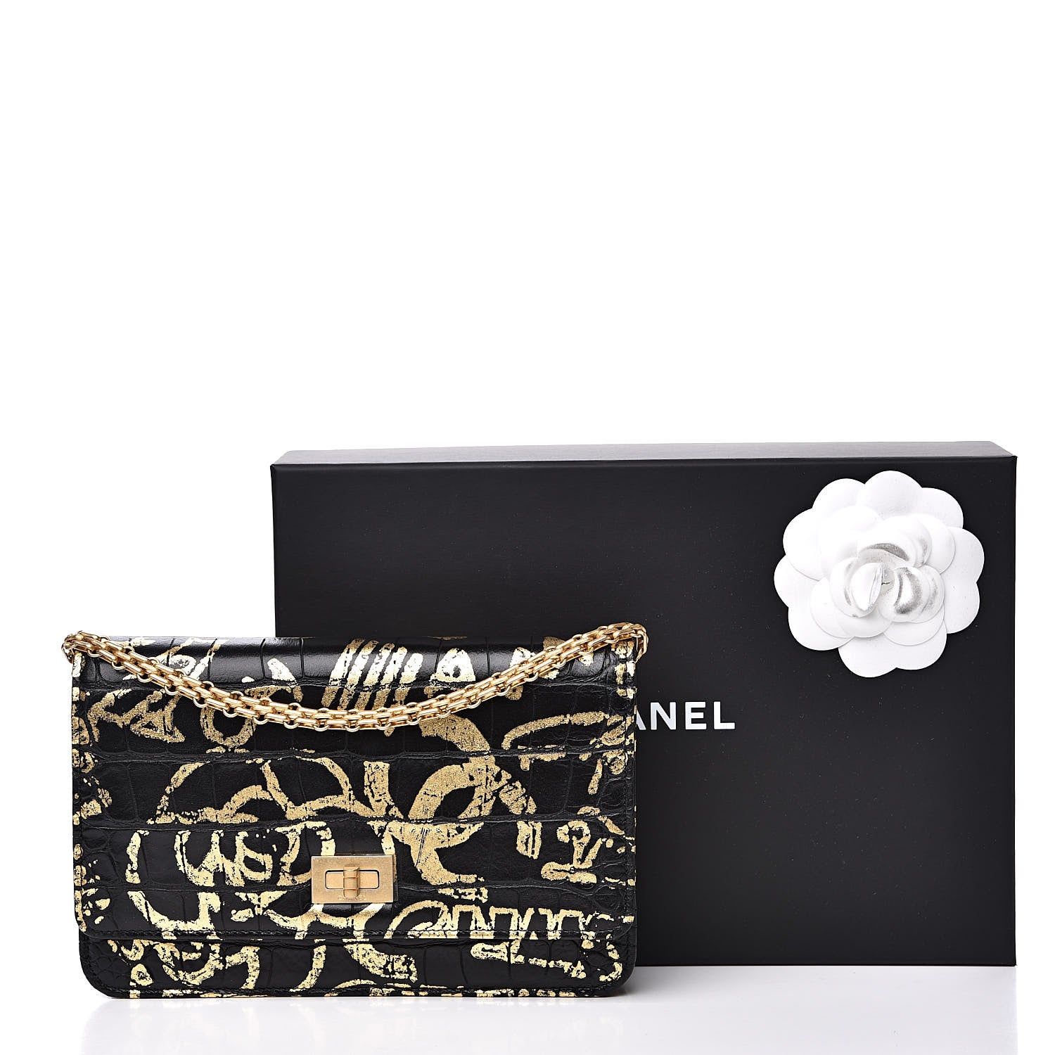 Chanel Calfskin Crocodile Embossed Graffiti 2.55 Crocodile Reissue Wallet On Chain WOC Black Gold 12 of 12