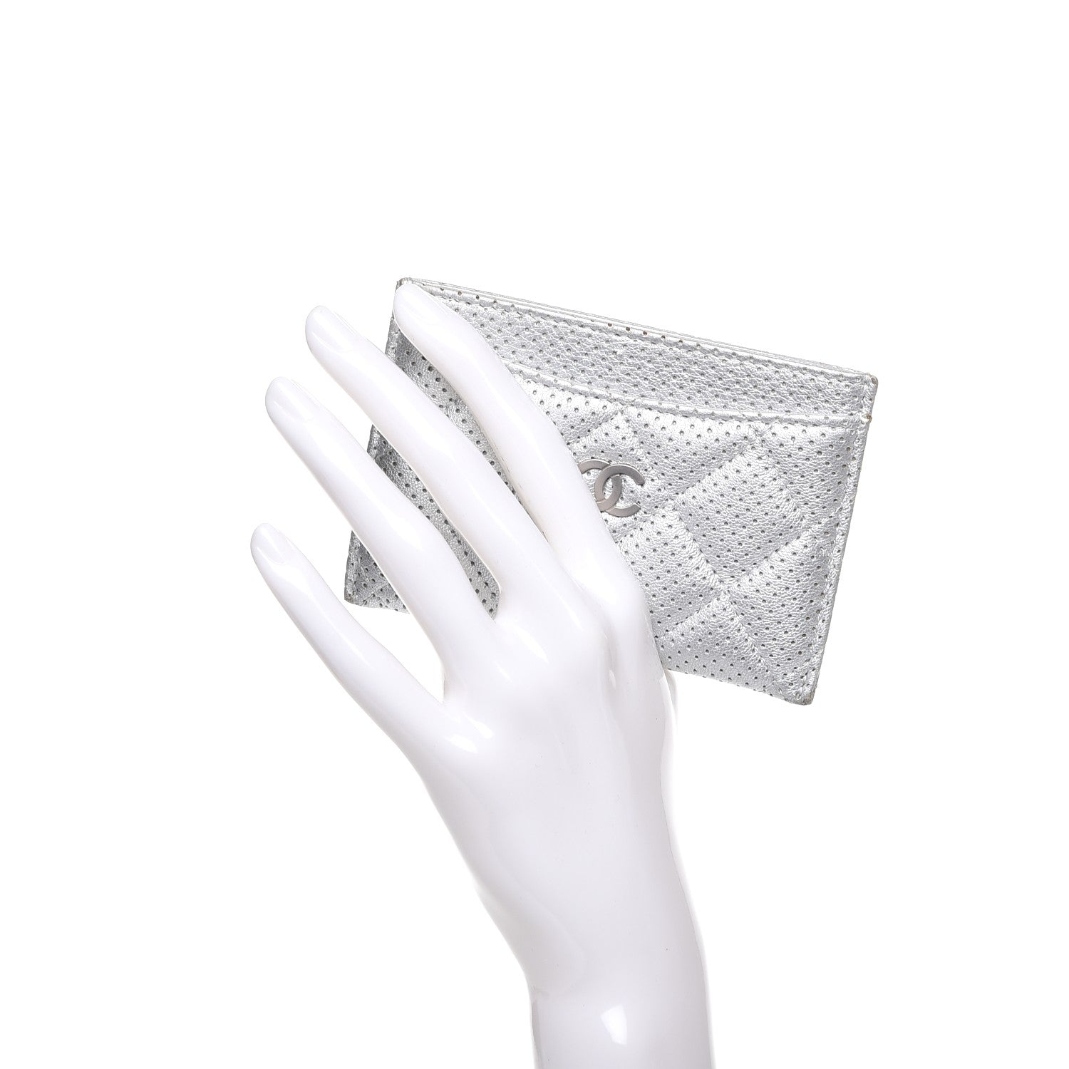 Chanel Metallic Lambskin Perforated Quilted Card Holder Silver 2 of 12