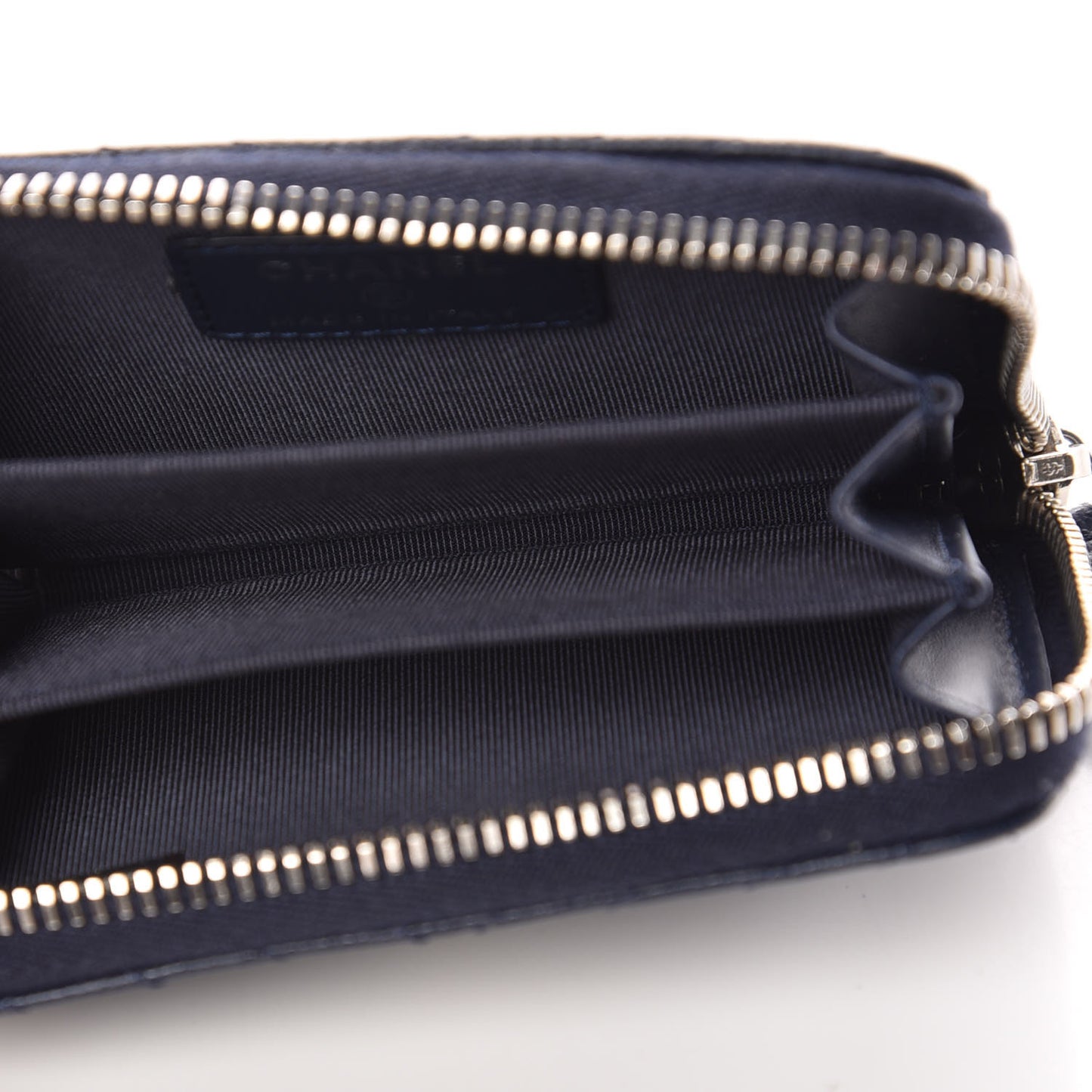 Caviar Chevron Quilted Zip Around Coin Purse Navy Blue