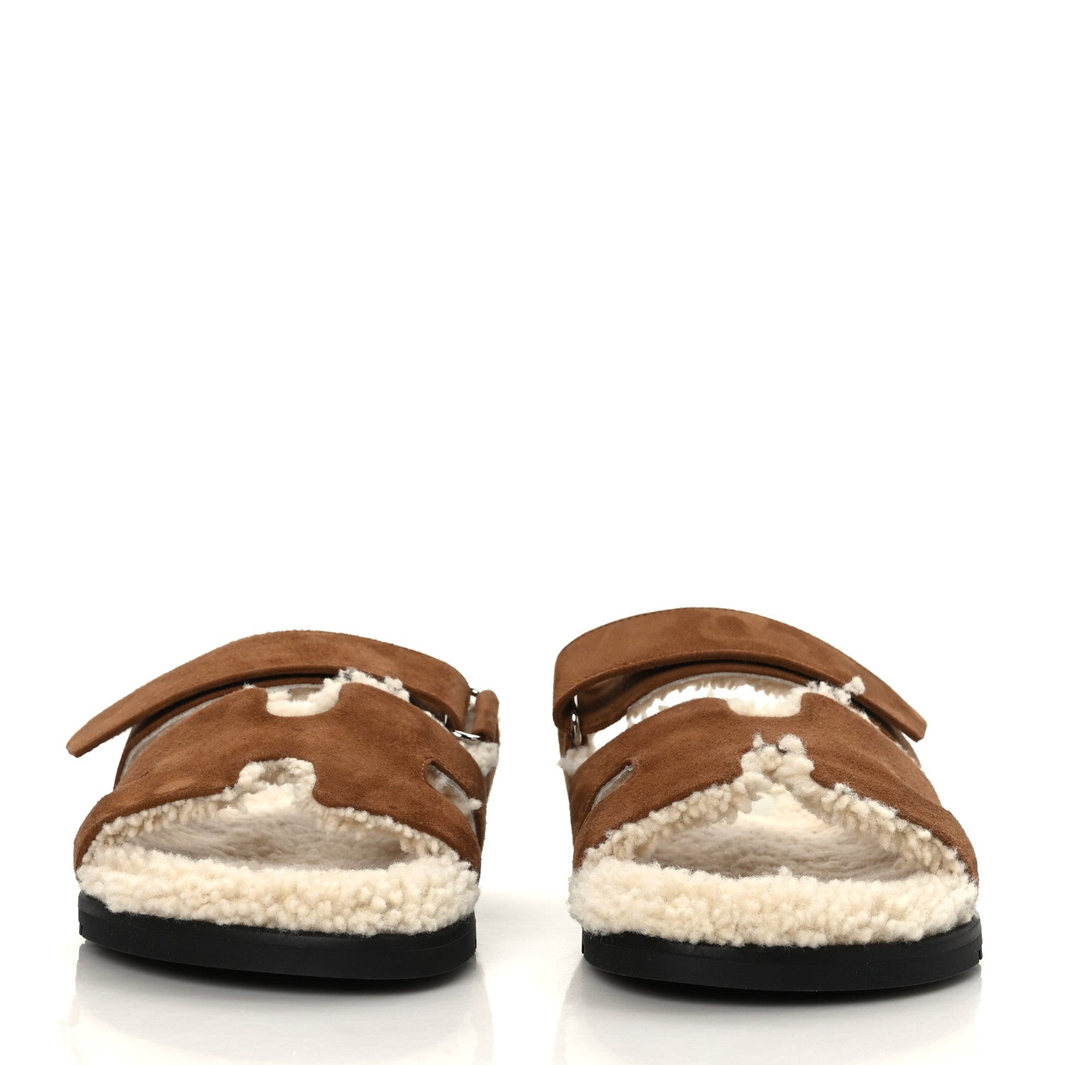 Hermes Suede Goatskin Woolskin Mens Chypre Sandals 40 Brun Fume Ecru 2 of 7