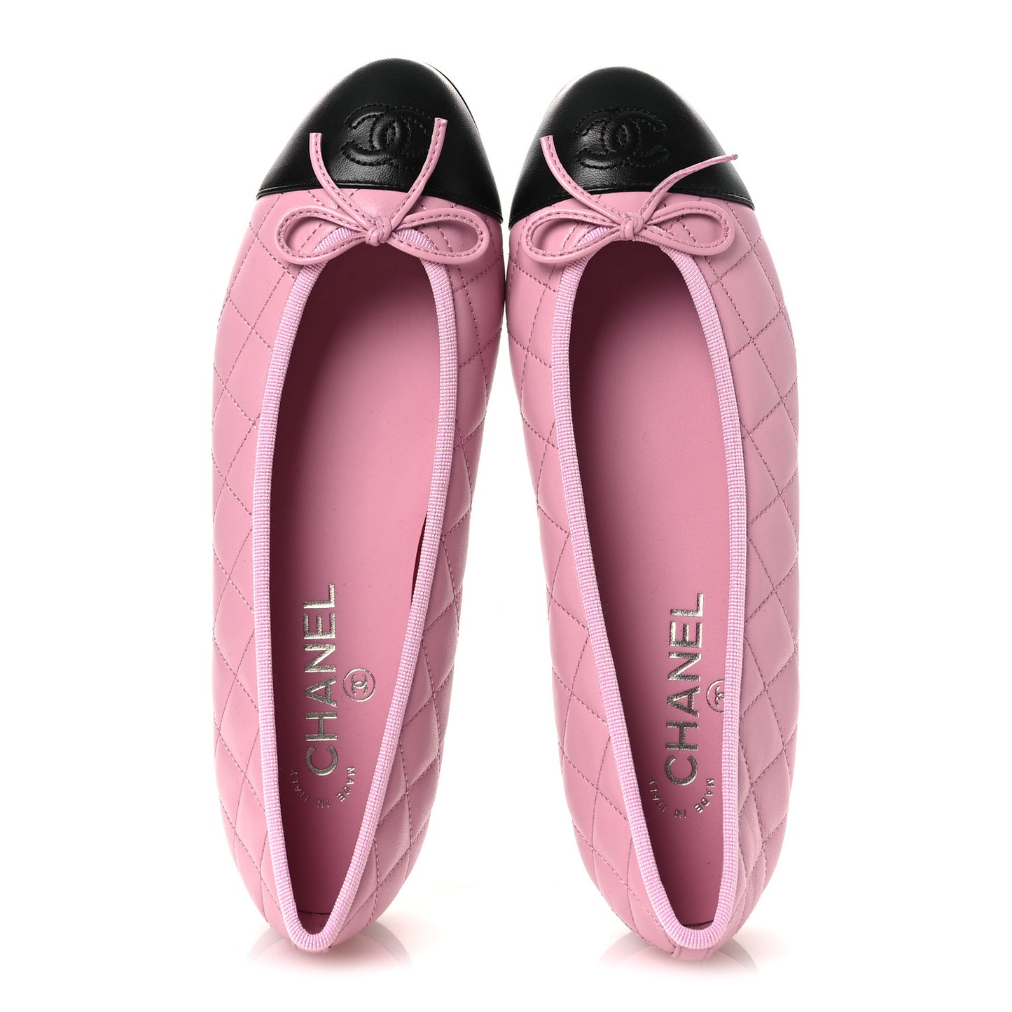 Lambskin Quilted CC Cap Toe Ballerina Flats 38.5 Pink Black