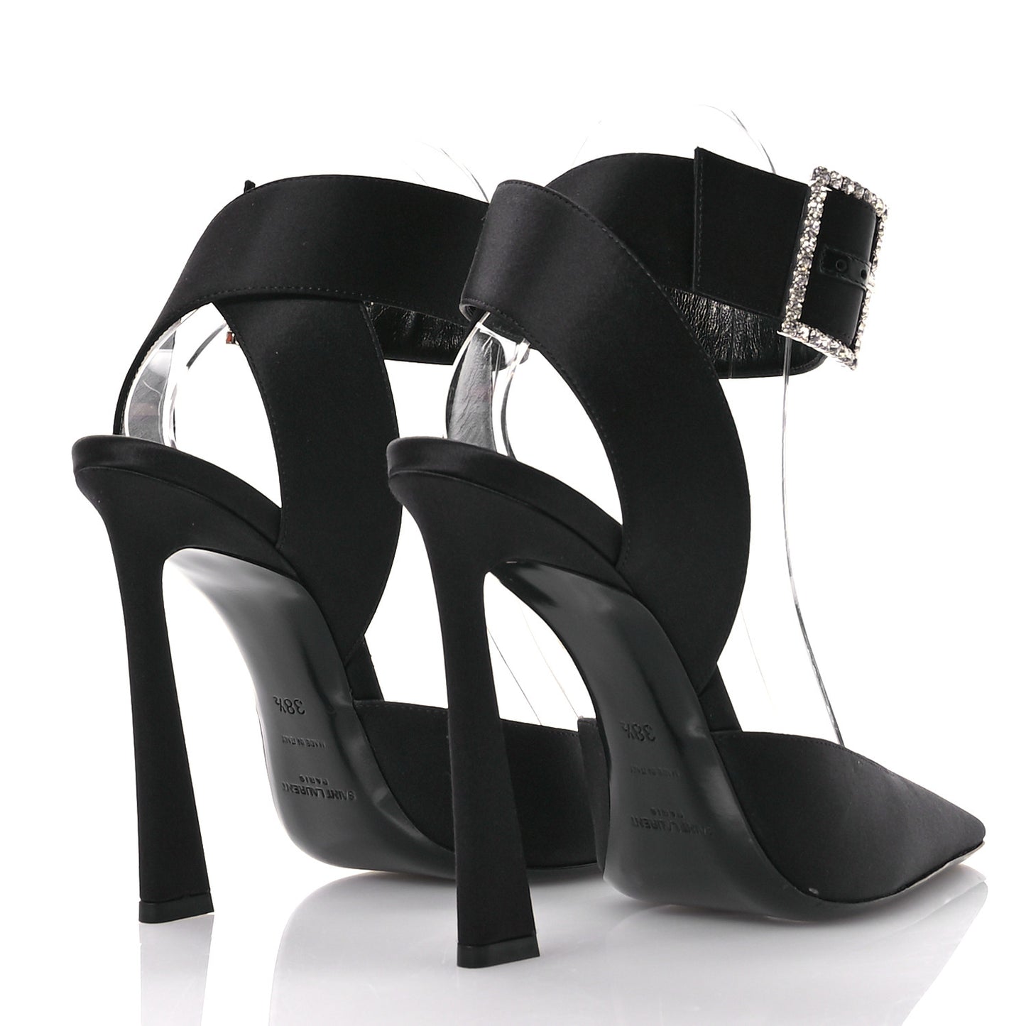 Crepe Satin Crystal Buckle Claude 110 Slingback Pumps 38.5 Black