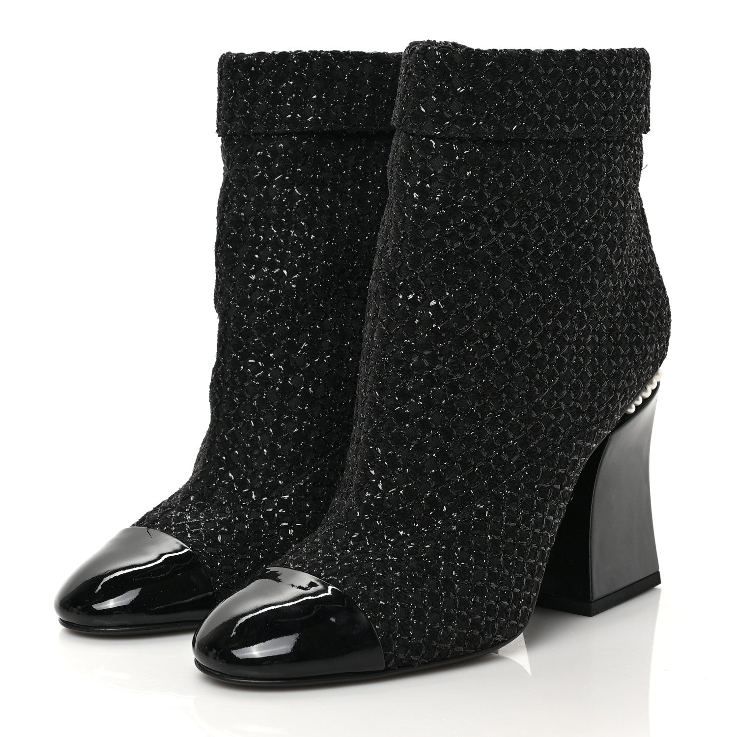 Chanel Tweed Pearl Cap Toe Boots 39.5 Black 3 of 9