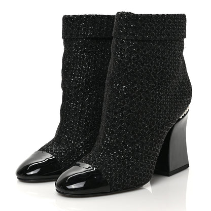 Chanel Tweed Pearl Cap Toe Boots 39.5 Black 3 of 9