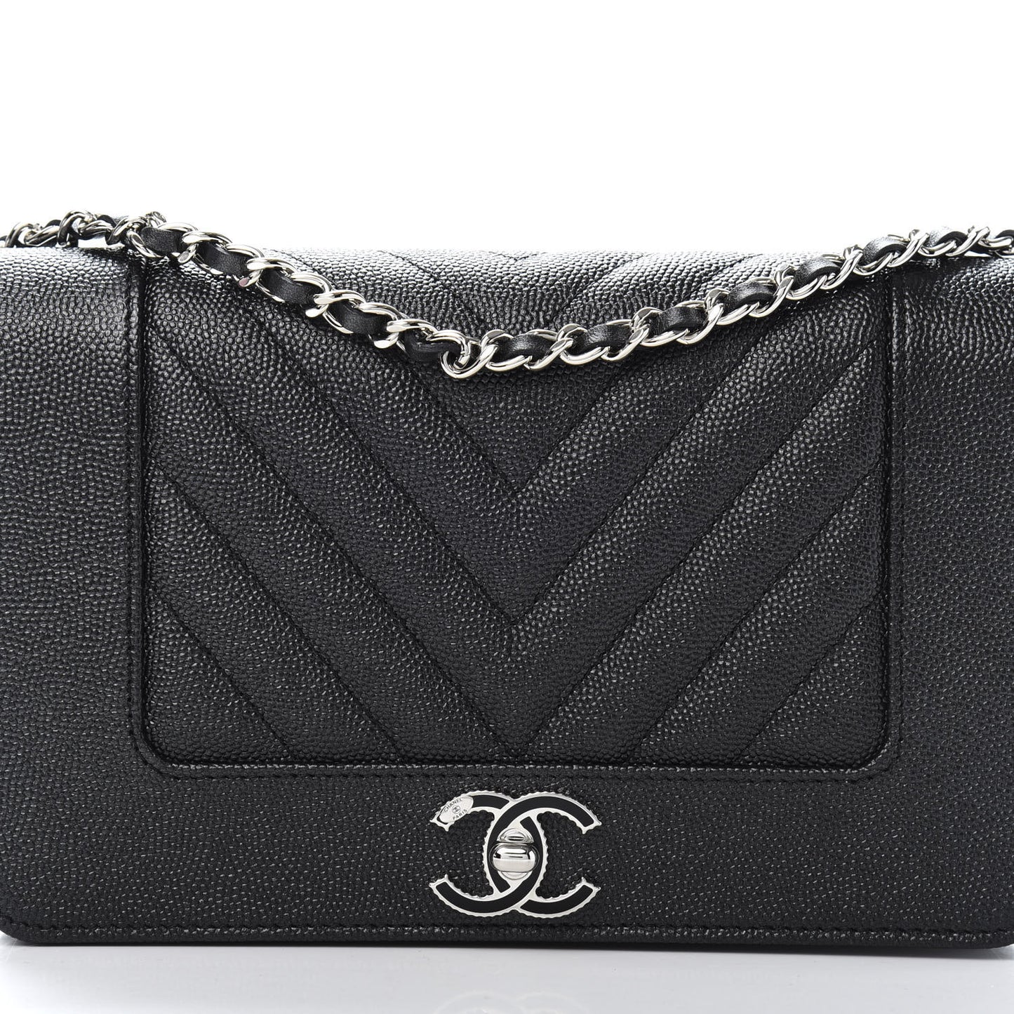 Caviar Chevron Quilted Vintage Mademoiselle Wallet On Chain WOC Black