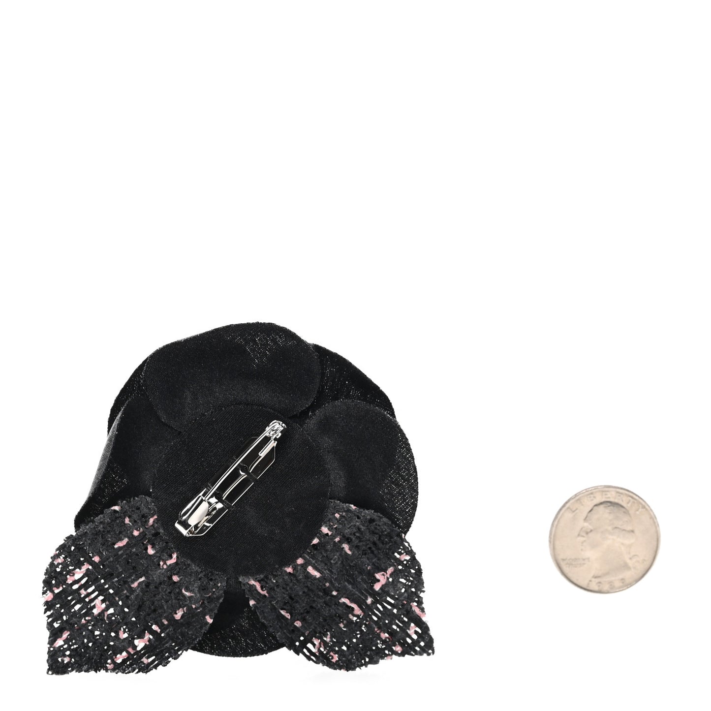 Tweed Fabric Camellia Pin Brooch Black Pink