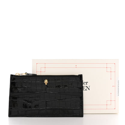 Alexander McQueen Calfskin Crocodile Embossed Skull Zip Wallet Card Holder Black 9 of 9