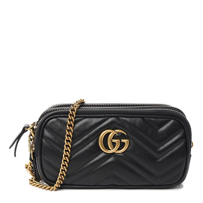 Gucci Calfskin Matelasse Mini GG Marmont Chain Crossbody Bag Black 1 of 12