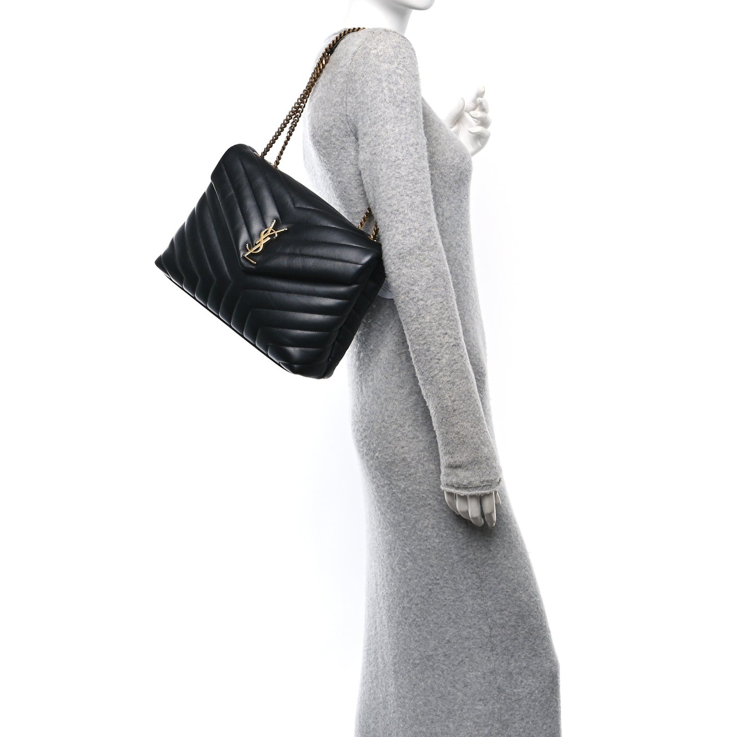Calfskin Y Quilted Monogram Medium Loulou Chain Satchel Black
