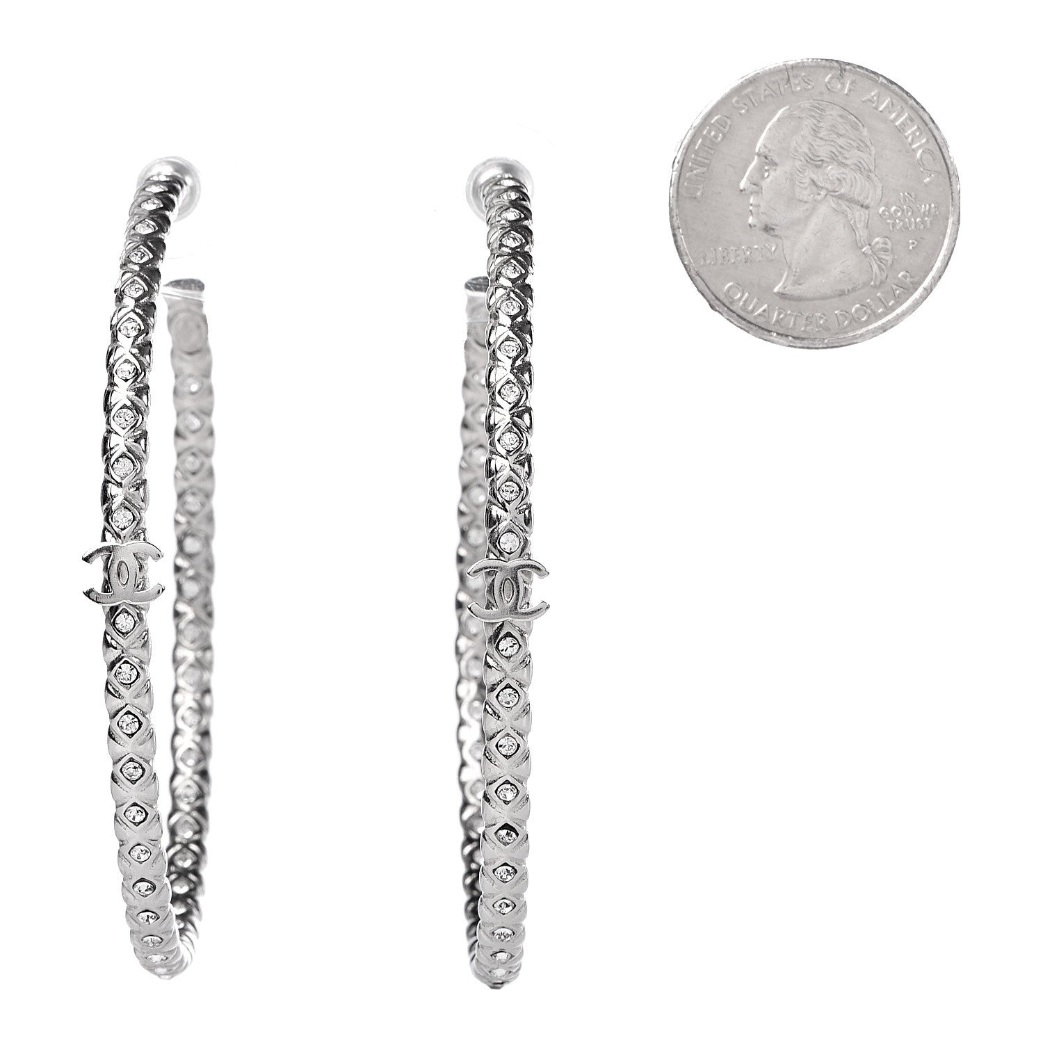 Chanel Crystal CC Hoop Earrings Silver 2 of 5
