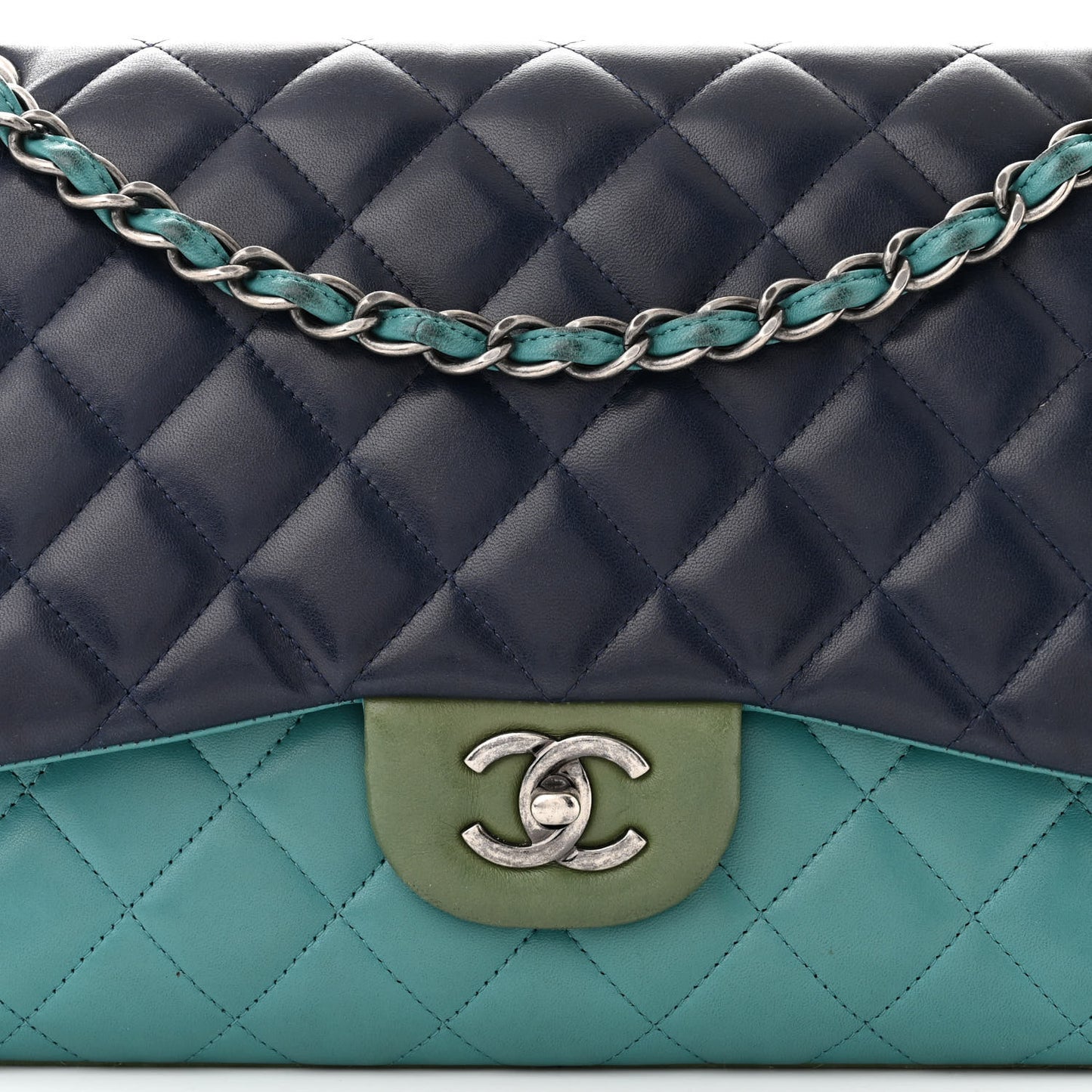 Lambskin Quilted Tri-Color Jumbo Double Flap Navy Blue Green