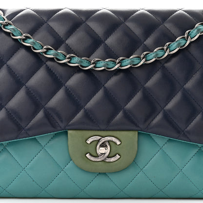 Chanel Lambskin Quilted Tri-Color Jumbo Double Flap Navy Blue Green 8 of 14