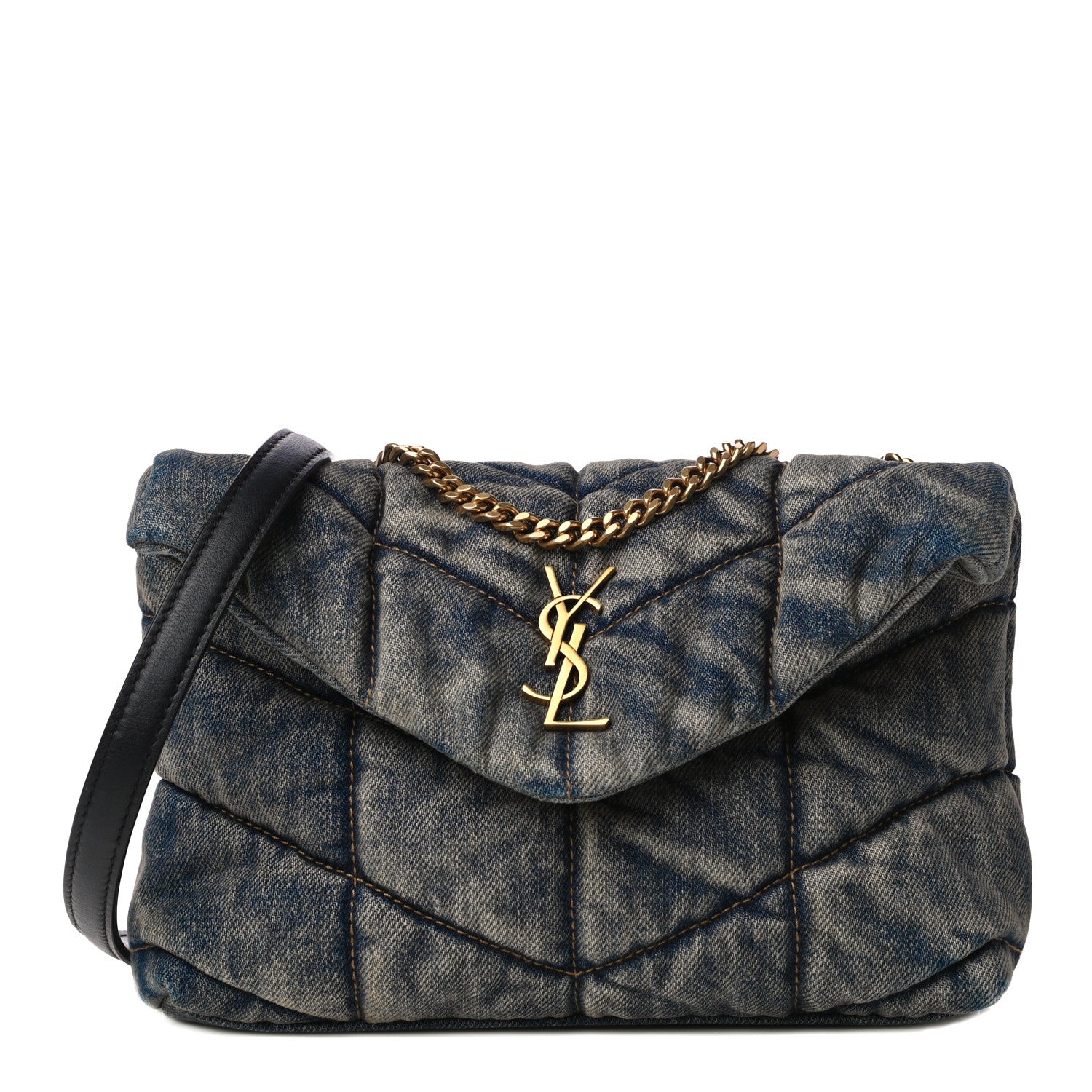 Saint Laurent Denim Quilted Toy Loulou Puffer Monogram Chain Satchel Blue Black 1 of 9