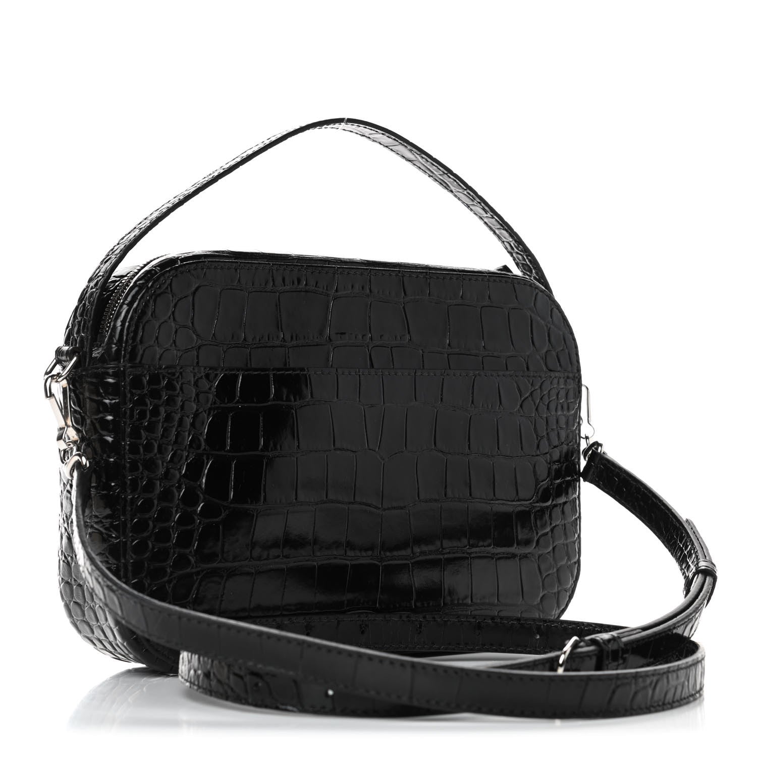 Balenciaga Shiny Calfskin Logo Crocodile Embossed S Everyday Camera Bag with Handle Black 2 of 4