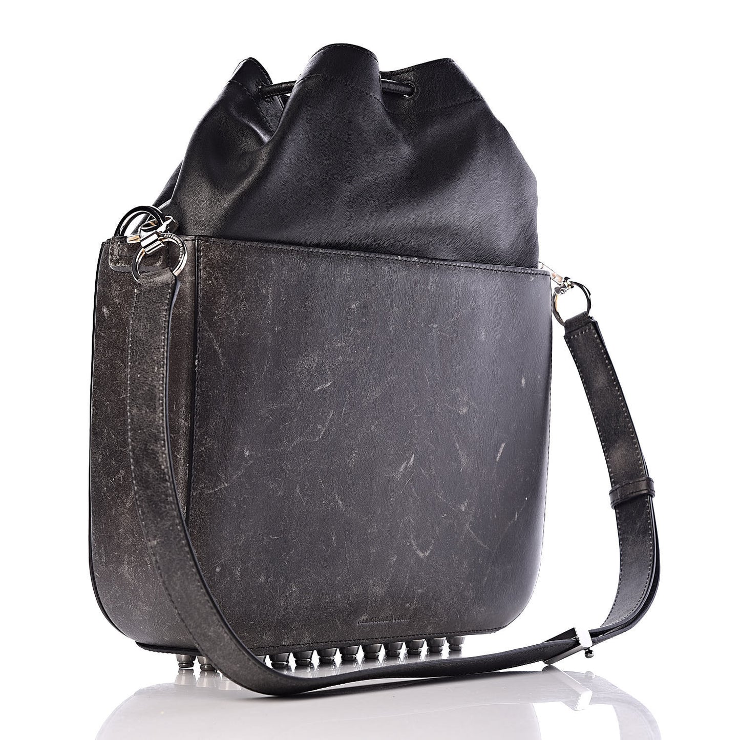 Distressed Calfskin Flat Drawstring Bucket Black