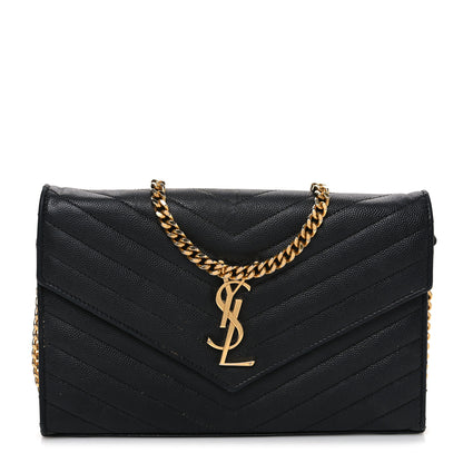 Saint Laurent Grain De Poudre Matelasse Chevron Monogram Chain Wallet Black 1 of 10