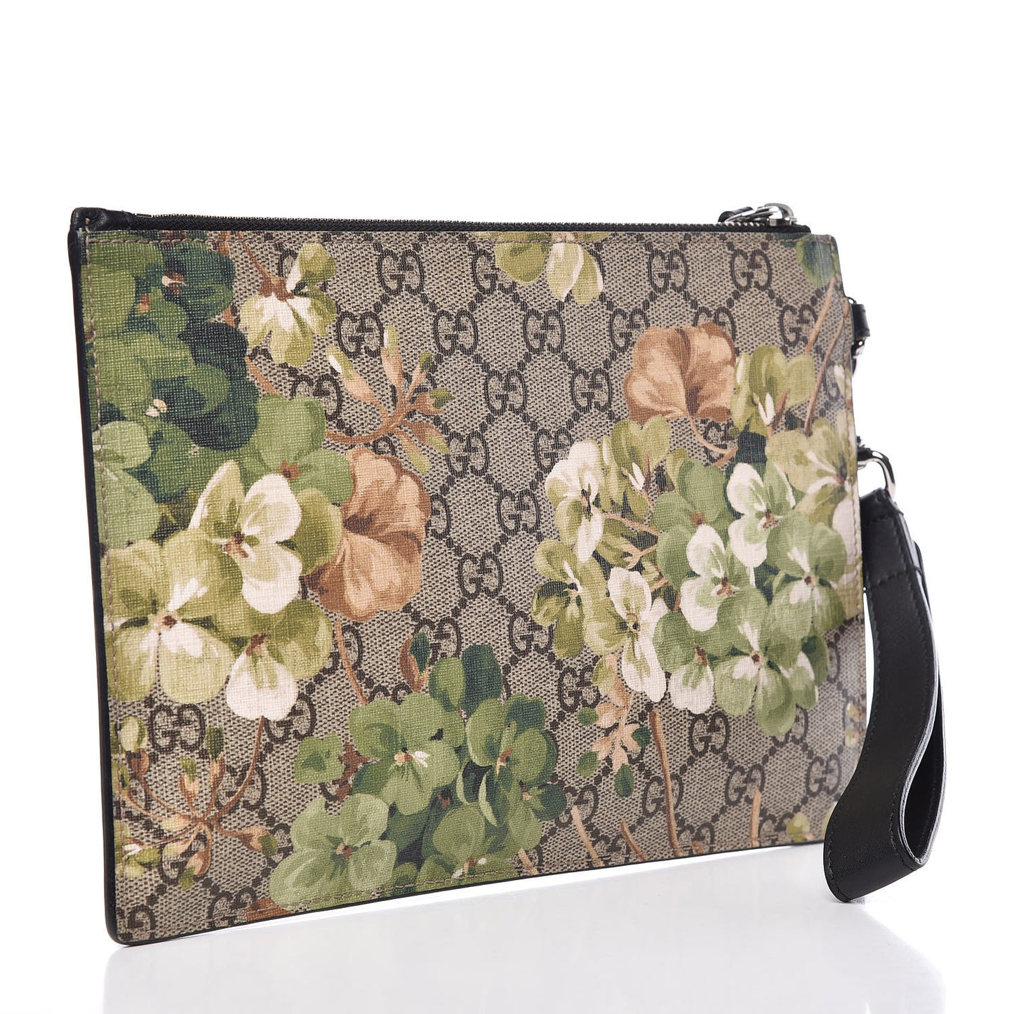GG Supreme Monogram Blooms Small Zip Wristlet Pouch Beige New Military Black