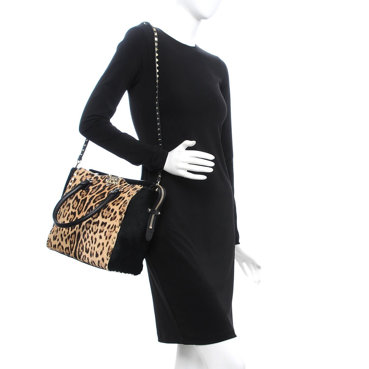 Calf Hair Leopard Print Rockstud Double Handle Tote Black