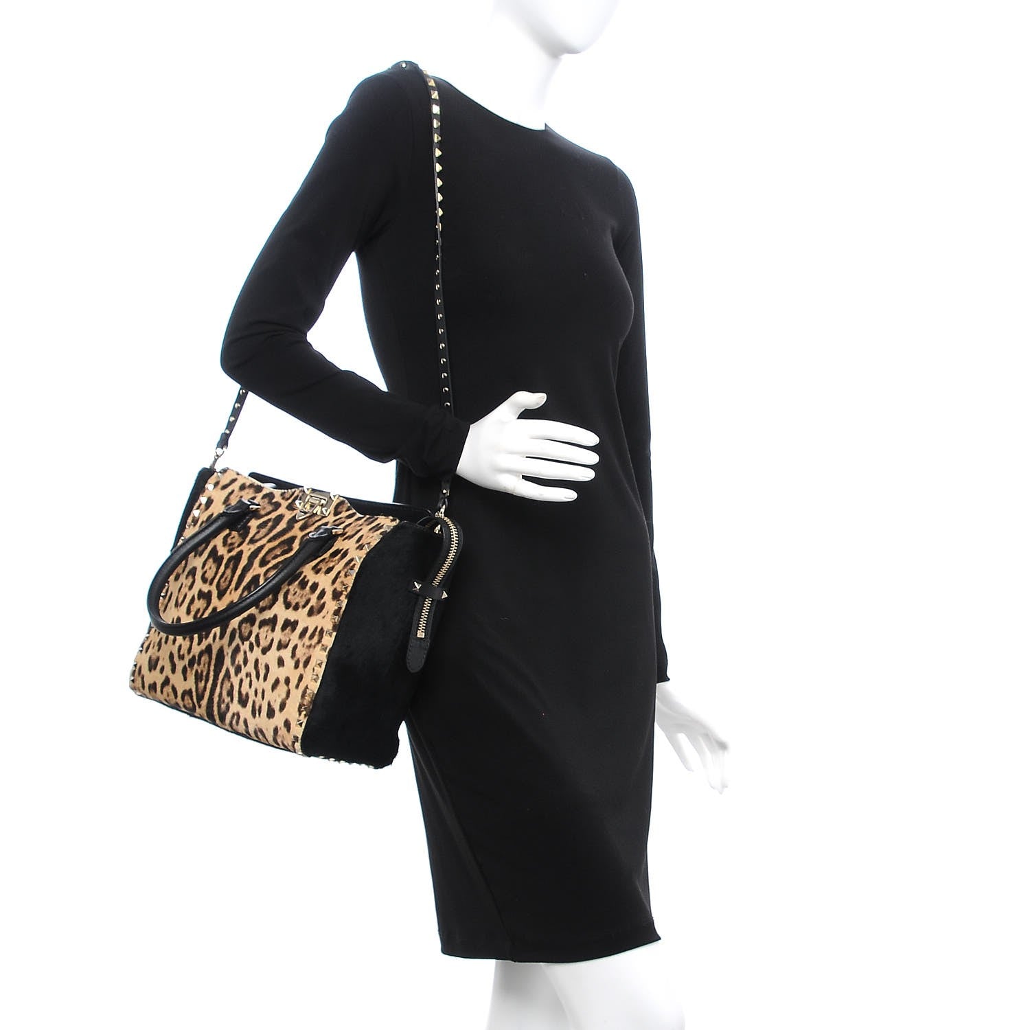 Valentino Garavani Calf Hair Leopard Print Rockstud Double Handle Tote Black 2 of 9