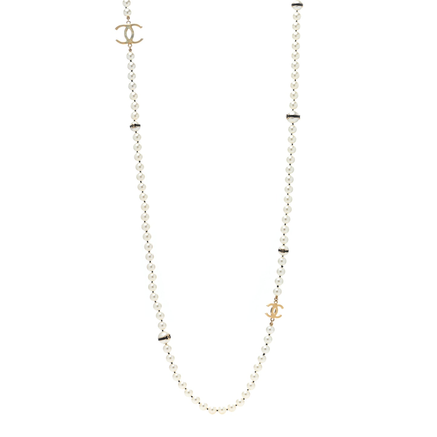 Pearl Enamel CC Long Necklace Black White Gold