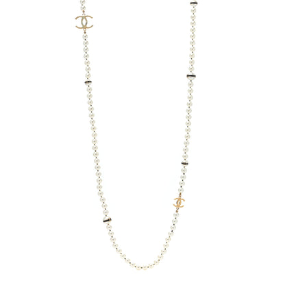Chanel Pearl Enamel CC Long Necklace Black White Gold 1 of 4