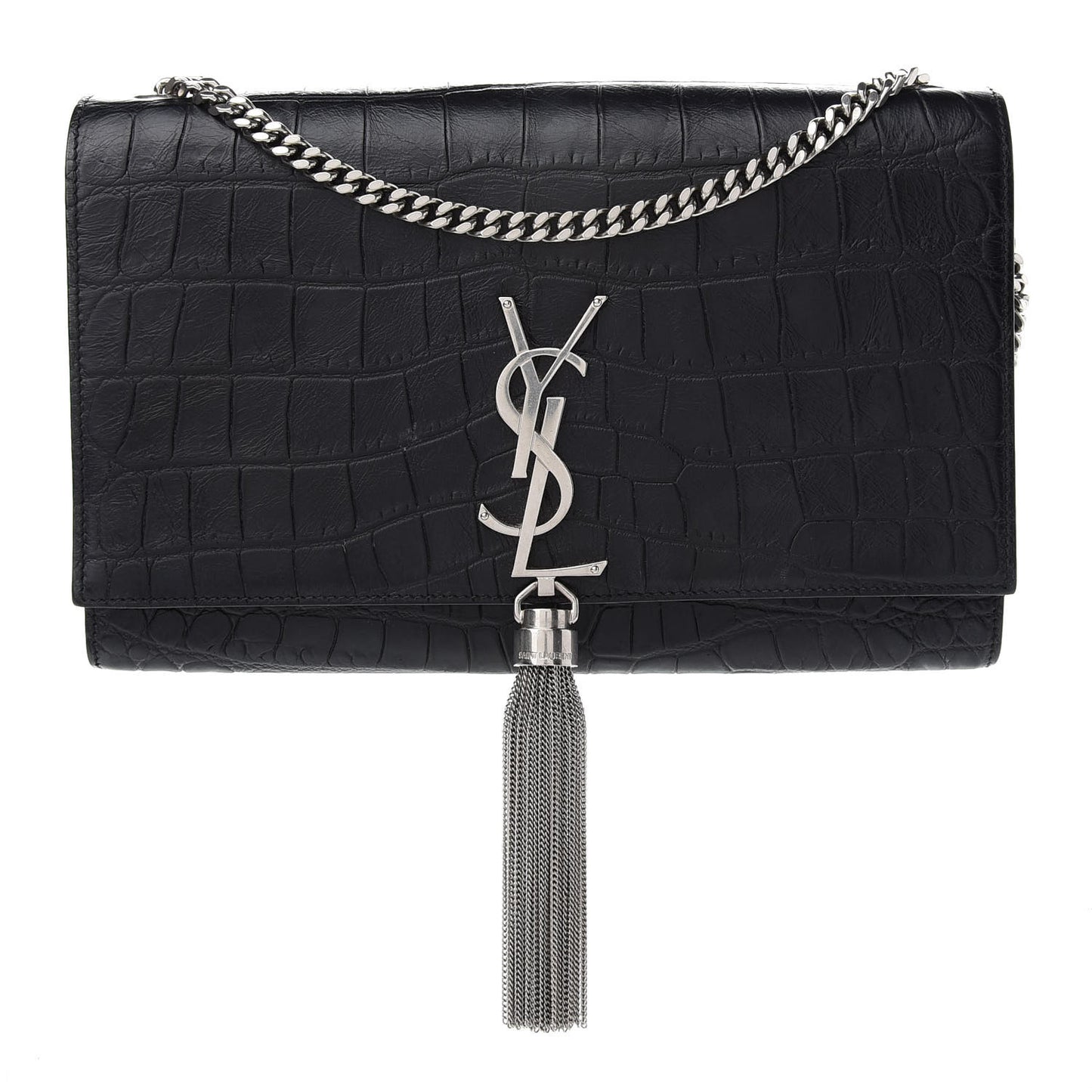 Calfskin Crocodile Embossed Medium Classic Monogram Kate Tassel Satchel Black