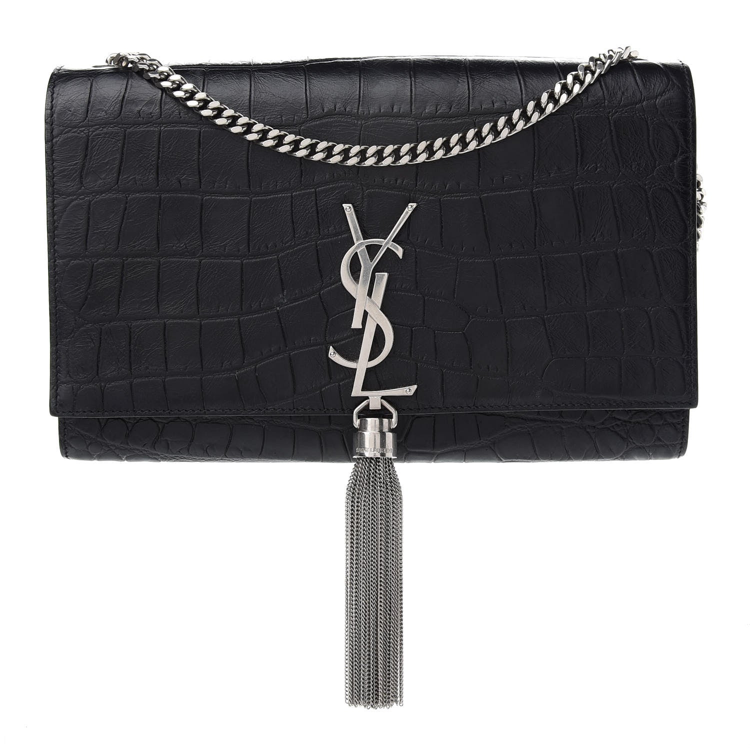 Saint Laurent Calfskin Crocodile Embossed Medium Classic Monogram Kate Tassel Satchel Black 1 of 8