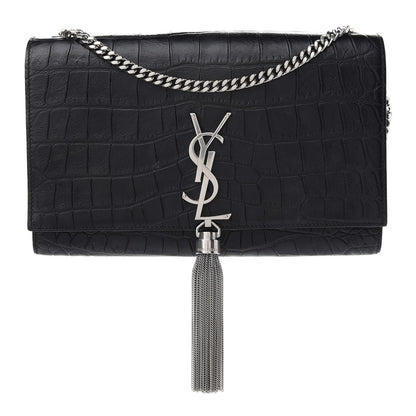 Saint Laurent Calfskin Crocodile Embossed Medium Classic Monogram Kate Tassel Satchel Black 1 of 8