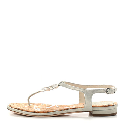 Chanel Metallic Suede Cork CC Thong Sandals 36.5 Silver 1 of 13
